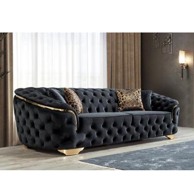 China Jiangxi Furniture New Design Adjustable 3 Seater Luxury Button Tufted Couches Black Velvet Fabric Chesterfield Sofas For Living Room for sale