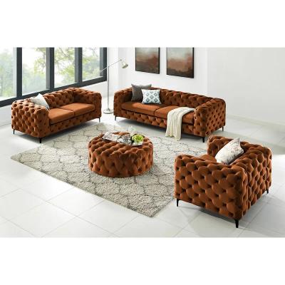 China Contemporary Orange Velvet Convertible Sofa Modern Luxury Chesterfield Tufted Sofa Set Furniture Living Room Three Seater for sale