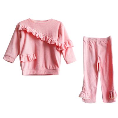 China Low price hot sale children antibacterial clothing sets babies ruffle kids clothes girls cotton solid color boutique kids wear for sale