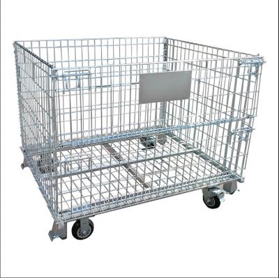 China Folding Container Industry Warehouse Wire Mesh Cages Workshop Turnover Metal Steel Bulk Container Storage Cage With Wheels for sale