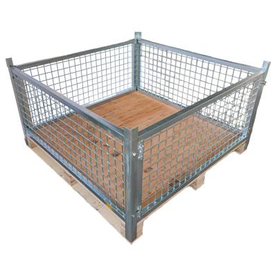 China Not Stackable European Custom Collapsible Folding Welded Metal Steel Wire Mesh Pallet Cage With Wooden Pallet for sale