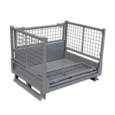 China Q235 Steel Long Service Life Powder Coating Treatment Able Folding  Metal Steel Stillage Cage Half Drop Gate Pallet Stillage Box for sale