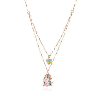 China FASHIONABLE Unicorn Charm Enamel Metal Necklace Jewelry Double-layer Women Jewelry Set for sale