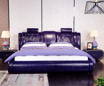 China 2018 New Style Comfortable Purple Grace Genuine Leather Bed For Bedroom Furniture With Two Night Stands for sale