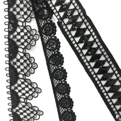 China One Side 100% Polyester Scalloped Guipure Sequin Border Lace Trim 20MM Black Water Soluble for sale