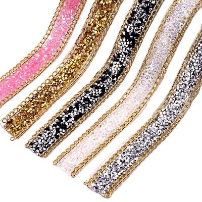 China Hot Sale 2cm Fancy Environment Inspection Rhinestone Iron On Resin Hot Fix Metal Band Trimming For Clothes Shoes Bag Rhinestones Iron On Ribbon for sale