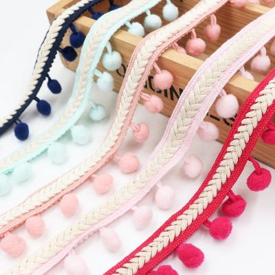 China Handcrafted Style Colored Crochet Pompom Decorative Lace Braided Running Cotton Tape Viable For Sewing for sale