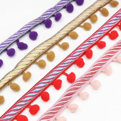 China Eco-Friendly Stock Pom Pom Trim Tassel Lace With Strip DIY Accessories Ethnic Decorative Sewing Lace for sale