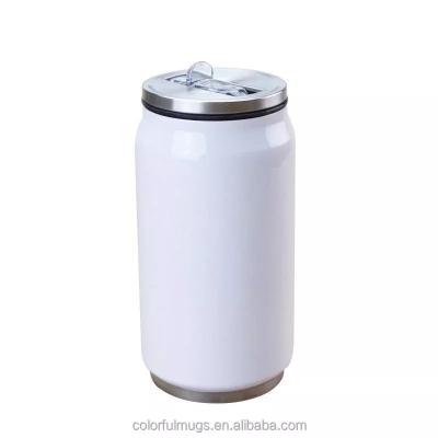 China Sustainable Sublimation Vacuum Cola Can Coke Can Shaped Stainless Steel Water Bottle White Straw 300ml 10oz Tumbler for sale