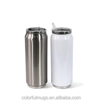 China Sustainable Sublimation Vacuum Cola Can Coke Can Shaped Stainless Steel Water Bottle Silver Straw 500ml Tumbler for sale