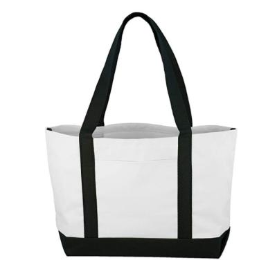 China Recyclable Private Custom Design Fashion Black White Shoulder Strap Portable Square Canvas Tote Bag For Shopping Travel for sale