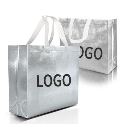 China 100% Woven Tote Bags Glossy Silver Non Woven Bags Wholesale Simple Style Metallic Laminated Non Woven Bags Eco-Friendly For Birthday Wedding for sale