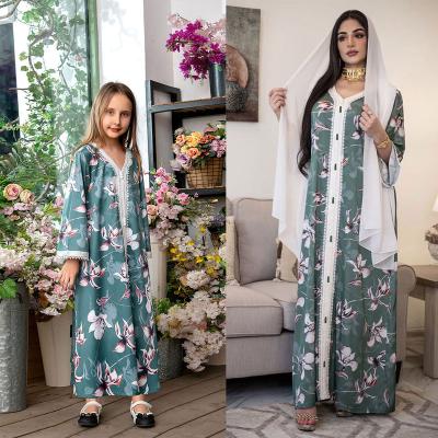 China Muslim Long Sleeve Dress Muslim Islamic Girls Clothes Dress Abaya Floral Print Dubai Long Sleeve Green Lace Dress for sale