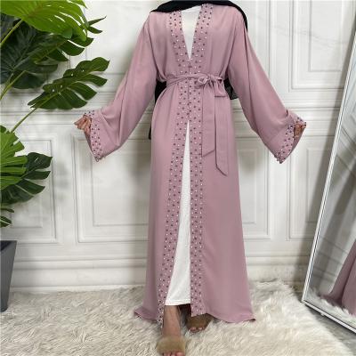 China Muslim Abaya Clothing Dubai Abaya Long Dress Muslim Soild Color Beading Long Dress Open Front Women Islamic Cardigan Dress for sale