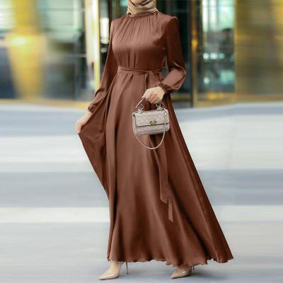 China Round neck style long sleeve dress loose waist tie long sleeve dress muslim fashion muslim slim elegant long dress for sale