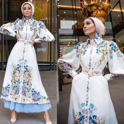 China Muslim Long Sleeve Dress Muslim Women's Long Sleeve Dress Lapel Long Throws Belt Fashion Casual Dress Wrinkle Resistant Breathable Digital Print for sale