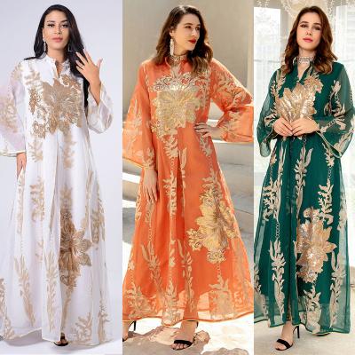 China Muslim Long Sleeve Dress Middle East Golden Beads Embroidered Threads Dresses Arab Muslim Women Dubai Wear for sale