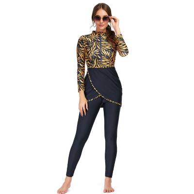 China Modest Women's Swimwear Patchwork Hijab Long Sleeves Sports Wear Islamic Muslim Nylon Swimsuit 3pcs Burkinis for sale