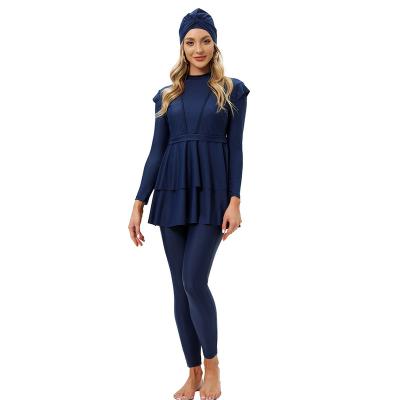 China Muslim Spandex Burkini 3pcs Ruffle Swimwear Women With Bra Padded Patchwork Hijab Long Sleeves Swimwear Islamic Swimwear for sale