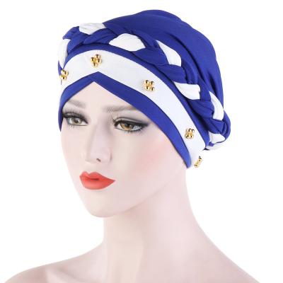 China Islamic Head Lady Beanie Bonnet Hair Loss Cover Wrap Women Polyester Hijab Hat Cancer Headscarf Muslim Chemo Cap Braid Beads Turban for sale