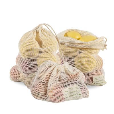 China Food Customized 100% Organic Cotton Mesh Bag Reusable Fruit Vegetable Net Bag Eco-Friendly Mesh Net Bag With Drawstring for sale