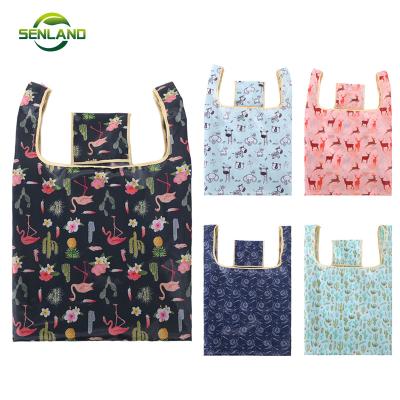 China Rope handle 210d roll up grocery eco rpet polyester box foldable reusable shopping bag for sale