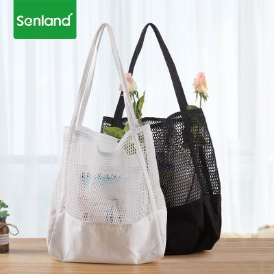 China Eco-Friendly Mesh Bag Organic Cotton Shoulder Fruit and Vegetable Shopping Bag Handled Long Handheld Cotton Mesh Bag for sale