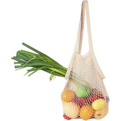 China Net Shopping Bag Tote Fruit Vegetable Storage Mesh Beige Handle Reusable 100% Organic BIODEGRADABLE Cotton Long Handle for sale