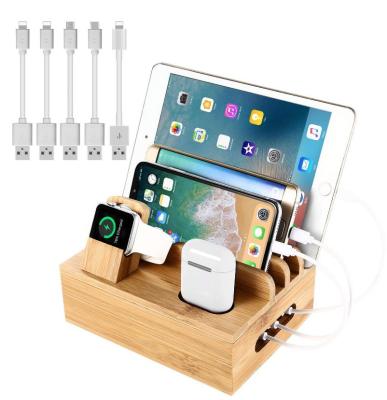 China Cell Phone Watch Earphone Charging Multi Charger 5 Cables USB Natural Bamboo Built in 6 Mutifunction Dock Station Left Charging Organizer for sale