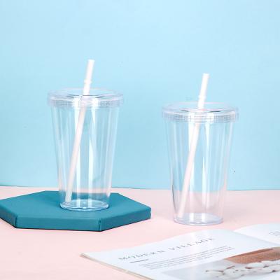 China Hot Sale 16oz Tumbler With Straw Reusable Plastic Cup With Double Walled Plastic Clear Lid And Straw for sale