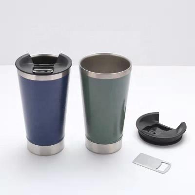 China Disposable Customized 16oz Vacuum Insulated 18/8 Stainless Steel Tumbler Beer Mug With Opener BPA Free for sale