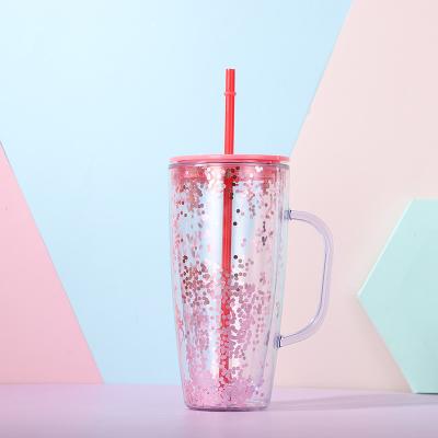 China Summer Use 750ml Viable Acrylic Plastic Glitter Drink Tumblers Double Wall Glitter Coffee Mugs With Straw for sale