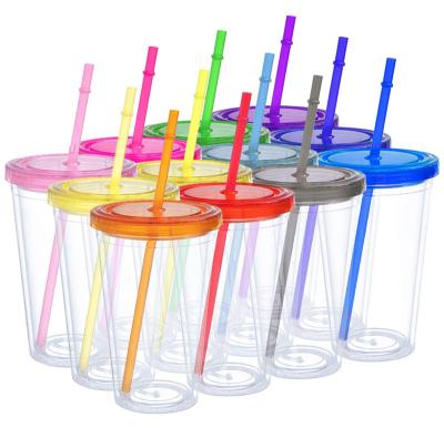 China Durable Clear Transparent Food Grade BPA Free Wall Decorative Hard Plastic Double Cups 16 oz Acrylic Tumbler With Straw for sale