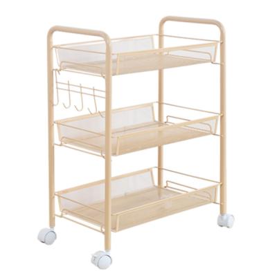 China Creative Corrosion Protection Kitchen Bathroom Toilet Beauty Salon Metal Home Trolley With Cheap Hook Storage Rack Shelf for sale