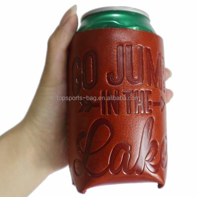 China Custom Logo Insulated Waterproof PU Embossed Leather Neoprene Can Cooler Beer Holder for sale