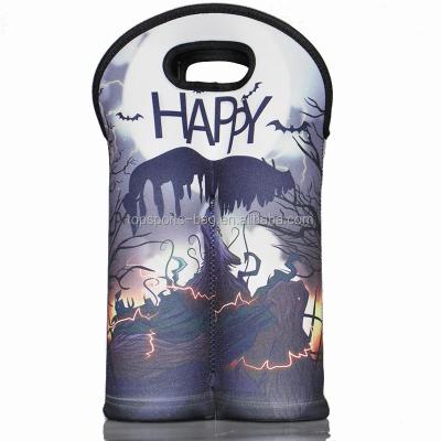 China Factory Price Waterproof Wrapped Wine Bottle Double Cooler Customize Sublimation Neoprene Wine Bottle Sleeve For Halloween for sale