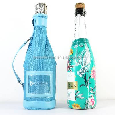 China New Waterproof Neoprene Champagne Bottle Sleeve Silk Screen Customized Logo Neoprene Oxford Polyester Champagne Bottle Holder With Handle for sale