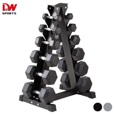 China Lightweight Deluxe DW SPORTS Durable Rubber Dumbbell Hex Weights Set A Frame Design For Dumbbell Placement for sale