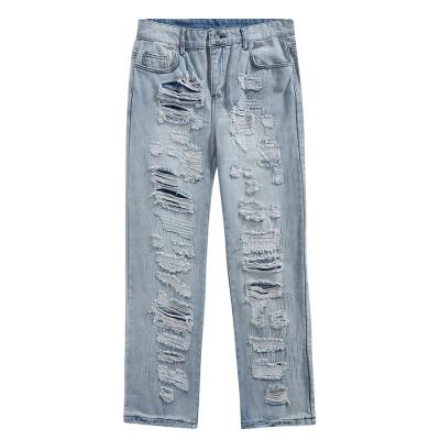 China QUICK DRY Ripped Jeans Man Wash Ripped Instagram Street Trend Straight Pants Casual Men's Jeans Wide Leg Pants for sale