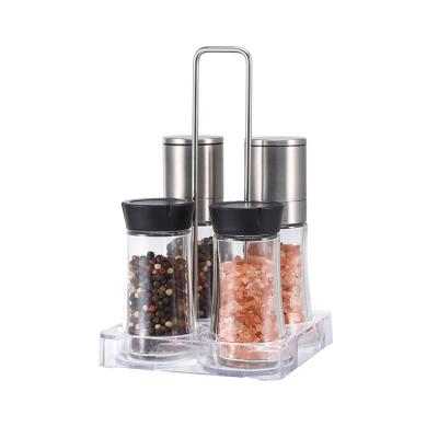 China Sustainable 70mlx4 304 Stainless Steel Salt And Pepper Grinder Indian Spice Set With Glass Spice Jar And Plastic Base for sale