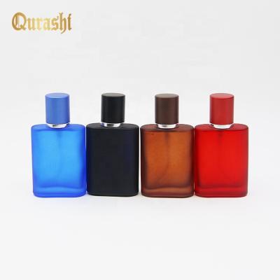 China Popular Wholesale 30ML Classic Pole Flattened Shape Perfume Set Coated Colors Spray Aluminum Cap Empty Glass Bottle for sale