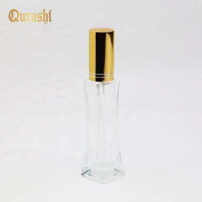 China Popular Classics Cosmetic 25ml Rectangular Empty Clear Glass Perfume Bottle With Aluminum Spray Cap for sale