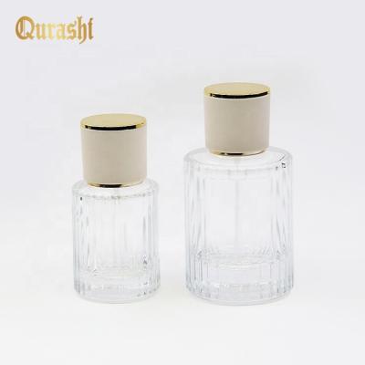 China Vertical Stripe Cosmetic Circular 50ml Screw Glass Perfume Bottle for sale