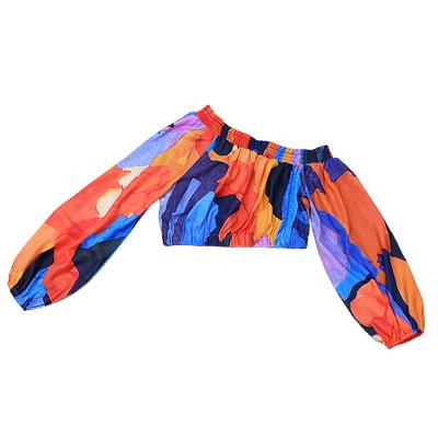 China Customization Breathable Women Bias Collar Off Shoulder Tie Dye Elastic Long Sleeve Waist Crop Top for sale