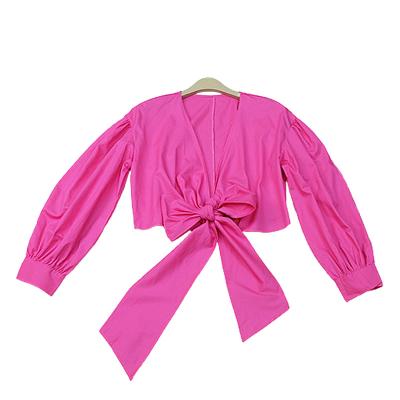 China Big Bowknot Long Sleeve Deep V-Neck Women's Anti-Shrink Solid Color Customization Casual Crop Top for sale