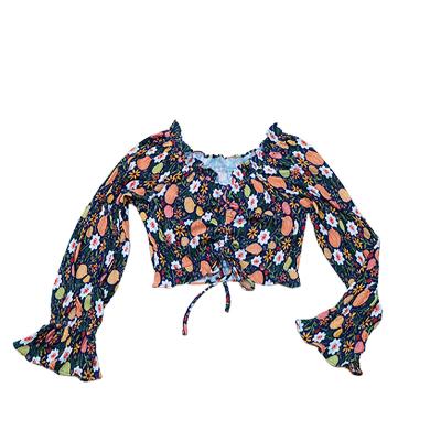 China Custom Logo Floral Print Flare Sleeve Ruff Collar Long Sleeve Anti-Shrink Women's Casual Crop Top for sale