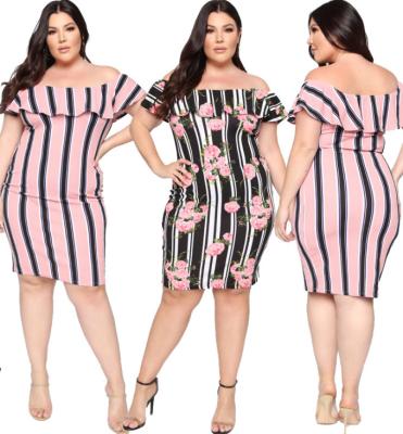 China Plus Size Women's Dress Summer Striped One-Shoulder Lotus Leaf Collar Plus Size Dress for sale