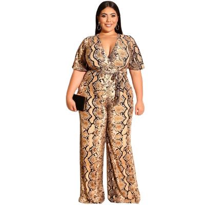 China 2020 Summer Viable Plus Size Women's Long Sleeve Cheetah Print Ladies Overalls Tight Overalls V-neck Two-piece Suit for sale