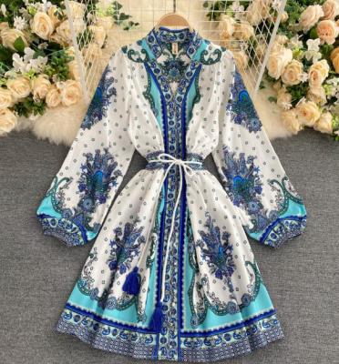 China Temperament Viable Short Sleeve V-Neckline Bubble Print Vintage Dress Small Dress Dress for sale