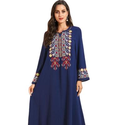 China High Quality Dark Blue Elegant Embroidery Vintage Muslim Women's Kaftan Clothing Anti-Static Long Sleeve for sale